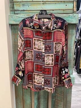 NEW ALL ABOUT HER women's embroidered button blouse in navy multi